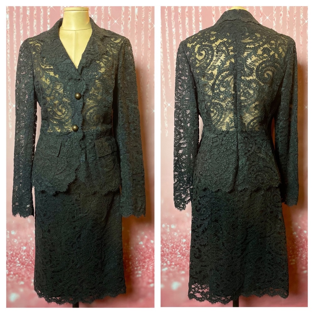 Monique Lhuillier Black Lace Skirt Suit with Gold Buttons